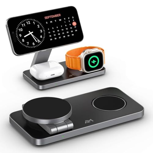 AMROAH Foldable 3 in 1 Wireless Charging Station for Apple Compatible with Magsafe Charger Stand, Magnetic Wireless Charger Station for iPhone 17 16 15 14 13 12, Airpods Pro, Apple Watch (Black)