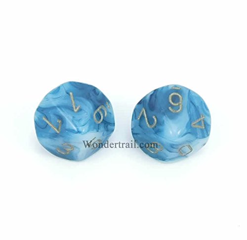 WCXPP1089E2 Teal Phantom Dice with Gold Numbers D10 Aprox 16mm (5/8in) Pack of 2 Dice Chessex