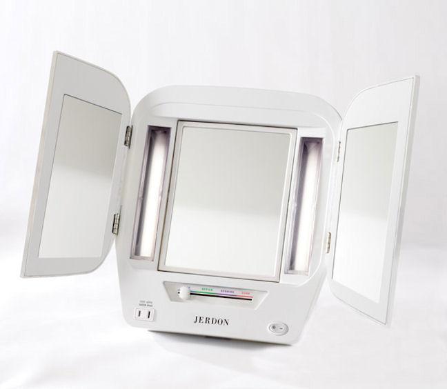 Jerdon JGL10W Euro Tabletop TriFold TwoSided Lighted Makeup Mirror