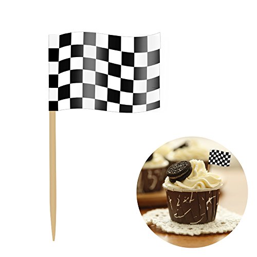 Checkered Toothpicks Flags Cupcakes Topper 200 Pcs Black and White Party Cake Decoration Wooden Picks with Paper Flag - Thumbnail 4