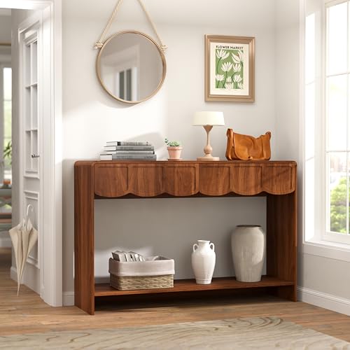 Console Table with Drawers, Mid-Century 43 Inches Narrow Entryway Table with Open Storage Shelves, Hallway Accent Table Behind Couch Table for Living Room - Walnut
