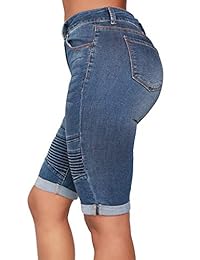 Bermudas elásticas hasta la rodilla para dama, pantalones cortos de mezclilla con dobladillo doblado