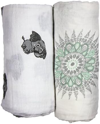 Babio Muslin & Bamboo Cotton 2 Pack Baby Swaddle Blanket Set - 47 inch x 47 inch - Blue/White/Grey