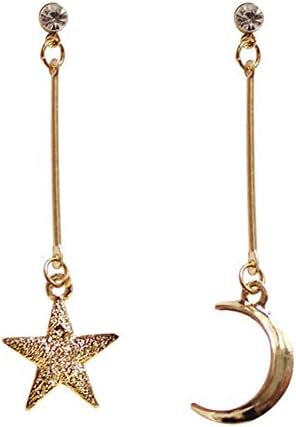 18K Gold Plated CZ irregular asymmetric frosted Moon and Star Women long tassel dangle Earrings