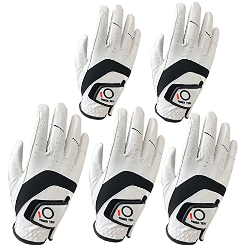 FINGER TEN Golf Gloves Men Left Right Hand Cabretta Leather Multipack All Weather Soft Value 5 Pcs, Golf Gloves Mens Rain Grip Soft Comfortable (White/Black, XXL, Right)