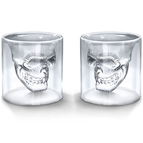 EASYTAR Skull Shot Glass, Thick Base, Double Wall, Clear Glass Crystal Skull Shotglass,crystal Skull Pirate Shot Glass Drink Cocktail Beer Cup(75ml)(2 pack)