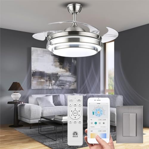 Megaluz F500VL01 Ventilador de techo con lámpara led y control remoto y APP, 42 pulgadas, luz fría, cálida y neutra, aspas retractiles, Abanico 3 velocidades y motor silencioso (Metal satinado).
