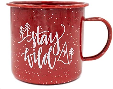 Wild Red Coffee Mug - Colorful Metal Fun Mugs with (Stay Wild) Script in White Cursive - A Speckled Red Enamel Mug Ideal for Late Nights, Adventurous Weekends and Mondays - Dishwasher Safe