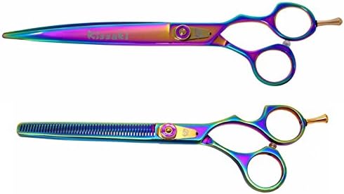 Kissaki Dog Grooming Scissors Yakizume 8.0" Curved Blade &amp; Nagasa 48 tooth Rainbow Titanium Dog Shears Matching Set
