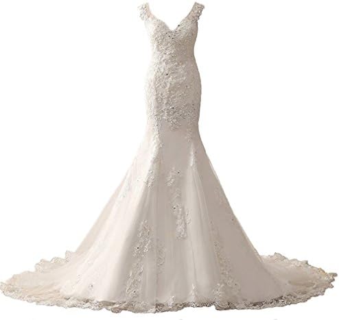 LBXX V-Neck Mermaid Lace Appliques Beaded Court Train Sleeveless Wedding Dress (White, 18W)