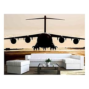 Large Military Cargo Plane Silhouette on an Empty airstrip - Removable Wall Mural | Self-Adhesive Large Wallpaper - 66x96 inches
