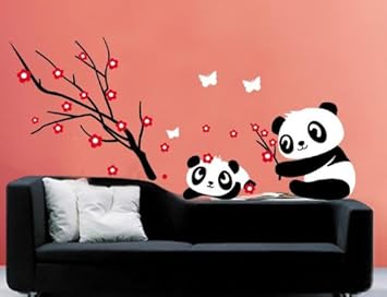 Lovely Panda Plum Blossom Wall Sticker Decal For Nursery Bedroom Removable Kids Room Wallpaper Girls And Boys Birthday Party Decor Home Wall Art