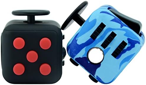 Fidget Cube Set for Fidgeters! Fidget Click Cube Toys Relief Stress, Anxiety, and Boredom for Child and Adult with White Cases - One Camo Blue Plus One Red Black