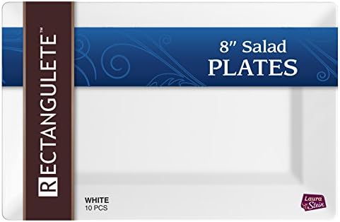 [40 Count - 8 Inch Plates] Rectangulete Designer Tableware Premium Heavyweight Plastic White Color Rectangle Salad - Appetizer Plates With Border, Party & Wedding, Event Plate, Disposable Dishes