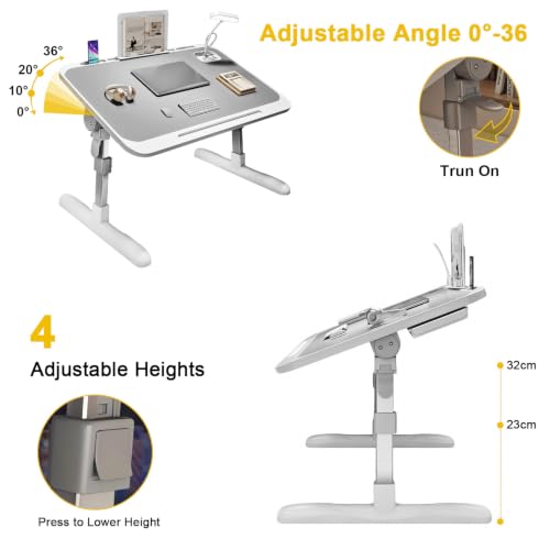 Cestbella Laptop Bed Desk, Adjustbale Height Lazy Laptop Desk with LED Light, Folding Computer Desk Portable Bed Table with Side Drawer Reading Stand USB Charging for Work Reading Dorm Study