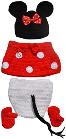 Baby Photography Prop Bundle -1 Mickey Mouse Ear Hat- 1 Red and white Skirted pull on diaper cover-2 Booties