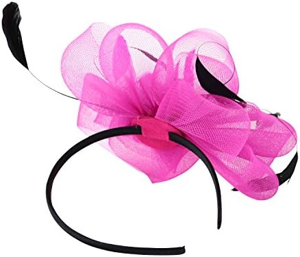 Ladies Night Fascinator Hat with Headband Flowers and Feathers for Adults Women Teens (Hot Pink)