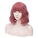 Iciwueen Short Wavy Wigs for Women, Rose Pink Bob Wig with Bangs Natural Looking Heat Resistant Premium Synthetic Wigs for Girls Lady Cosplay Party Daily Wear