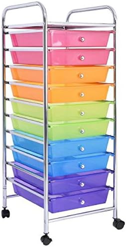 10 Drawers Cart Storage Organizer Rolling Plastic Drawer Scrapbook Paper Shelf Office School Home Rainbow Racks Pink Orange Green Blue Purple with Wheels New