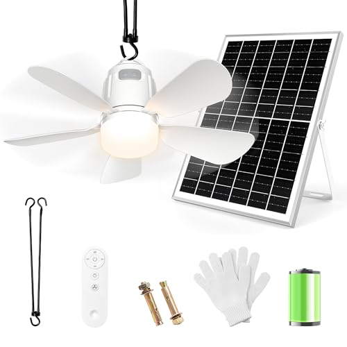 Gliztech Solar Fan with Light, Pavilion Ceiling Fan Lamp, Solar Panel and Remote Control, Suitable for Patio, Parasol, Workshop, Gazebo, Camping Canvas, Terrace.