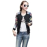 Womens Casual Slim Fit Round Neck Floral Print Baseball Bomber Jacket