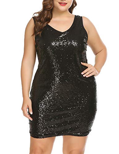 IN'VOLAND Women's Plus Size Sequin Dress Sleeveless Glitter Dresses Sparkly V Neck Party Cocktail Bodycon Dress Black