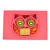 One Piece Self Suction Non Slip Silicone Placemat and Bowl For Kids Fit most Highchair Trays, Owl Feeding Mat by Switol (pink)