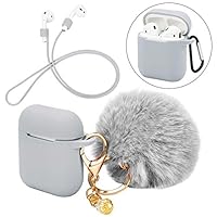 Earphone Silicone Case Cover Skin with Fur Ball Key Chain and Locking Carabiner Compatible for AirPods Charing Case - Silicone Hang Case Cover with Anti-Lost Strap as Headphone Accessories (Gray)