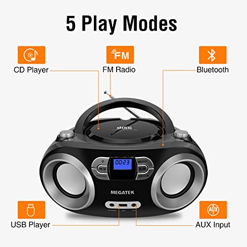 MEGATEK Portable CD Player Boombox with FM Radio, Bluetooth, USB, Aux