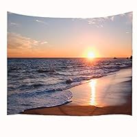 Goodbath Ocean Beach Tapestry Wall Hanging, Coast at Sunrise Time Fabric Wall Hangings, 80" x 60", Orange Blue Brown