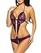 ADOME Women Lingerie Deep V Halter Lace Babydoll Mini Bodysuit, Style1-purple, Medium