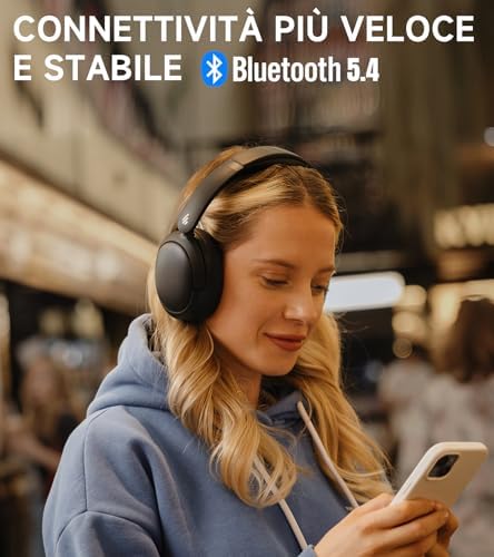W800BT Pro Cuffie Cancellazione Attiva del Rumore Ibrida, Bluetooth 5.4, Hi-Res Audio, Riduzione del Rumore delle Chiamate AI, 45 Ore Autonomia, Ricarica Rapida, Pieghevole - Nero