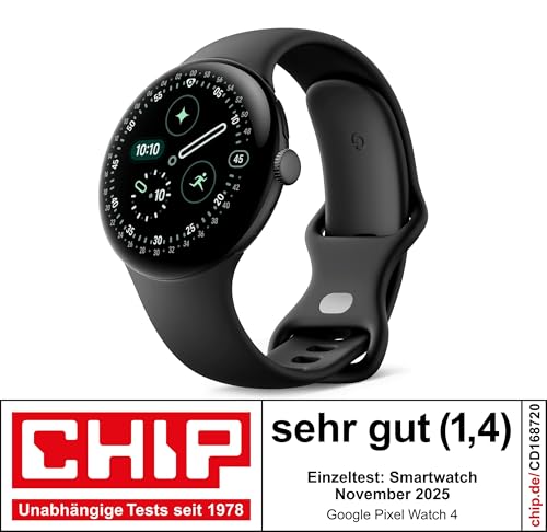 Google Pixel Watch 4 (41 mm) – Android-Smartwatch mit gewölbtem Display und Fitness-Tracking und Unterstützung von Gemini – Aluminiumgehäuse in Matte Black – Sportarmband in Obsidian – WLAN 2