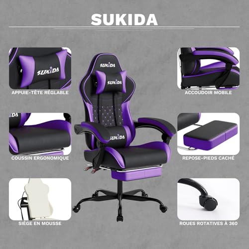 SUKIDA Gaming Chair, Ergonomic Computer Chair with Footrest, Comfortable Office Chair with Headrest, Massage Gaming Chair for Adult, Adjustable Height Computer Chair