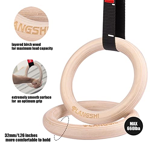 LANGSHI Wooden Gymnastic Rings with Adjustable Number Straps, Exercise