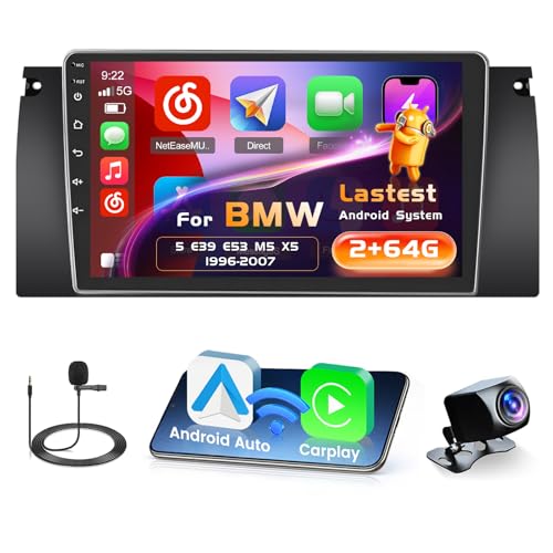 Inefala 2G+64G Radio for BMW 5 E39 E53 M5 X5 1996-2007, 9'' Android 15 Screen with Wireless Carplay/Android Auto Link Mirror GPS Radio FM/RDS EQ WiFi Bluetooth 26 UI SWC Dual USB Input