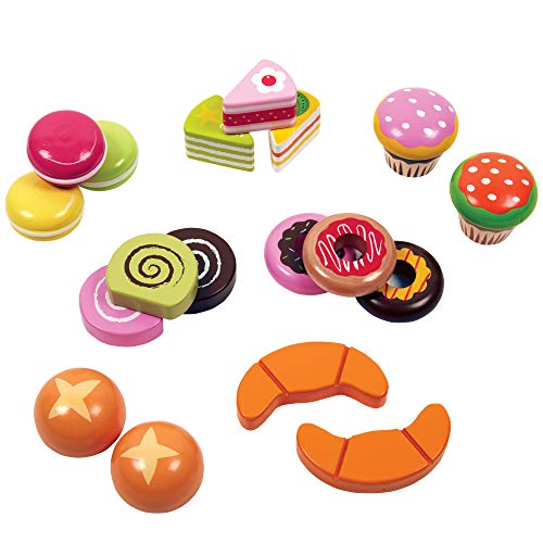 Wooden Bakery Playset Pretend Stand for Kids - 25 Piece Bake Shop Counter w Food, Chalkboard, Cash Register, Trays - Durable Construction for Creative Playtime - Thumbnail 4