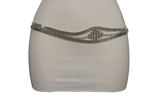 TFJ Women Silver Beads Narrow Fashion Belt Metal Chains Size S M L Silver