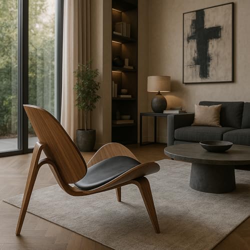 MUBSON Silla de Piel PU Estilo Escandinavo con Base de Madera Curva. Silla de Diseño Moderno y Elegante Leda. Asiento Decorativo de Alta Gama para Sala, Recamara o Studio.