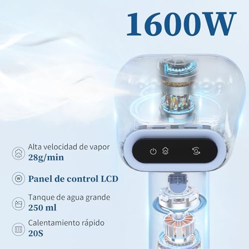 Vaporizador de Ropa Portátil de Mano, 250ml de Capacidad Grande, 1600W, Calentamiento Rápido en 25s, Autoapagado, Autolimpieza, Sin Salpicaduras de Agua, Para el Hogar, La Oficina y el Viaje