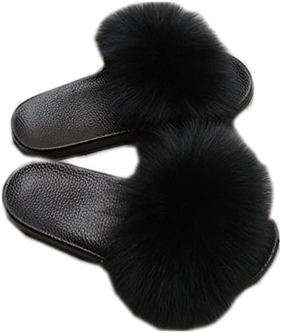 Women Real Fox Fur Feather Vegan Leather Open Toe Single Strap Slip On Sandals Multicolor