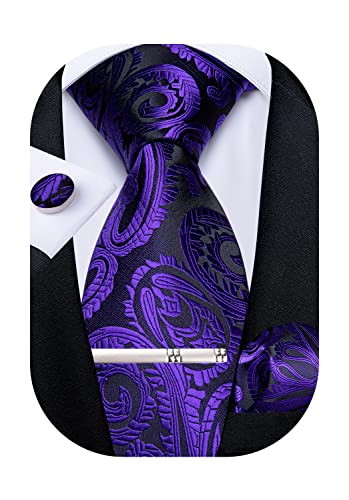 DiBanGu Mens Tie Set Silk Purple Paisley Necktie and Pocket Square Cufflinks Tie Clip Set Classic Formal Ties for Wedding Party