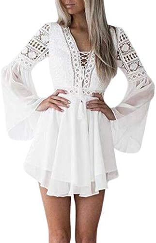 Women Long Cap Lace Dress Bell Sleeve Shirt Hollow Out Cocktail Dress JHKUNO