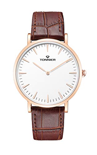 Tonnier Stainless Steel Slim Men Watch Quartz Watch Black Face (Brown Leather with Rose Gold Case)