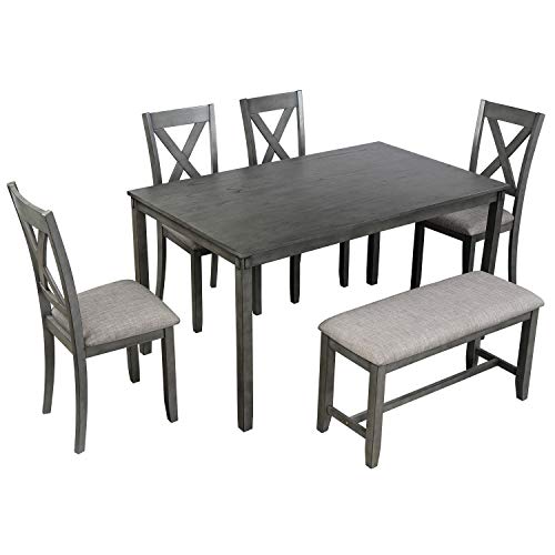 Merax 6 Piece Dining Table Set with Bench and 4 Dining Chairs, 6 Piece