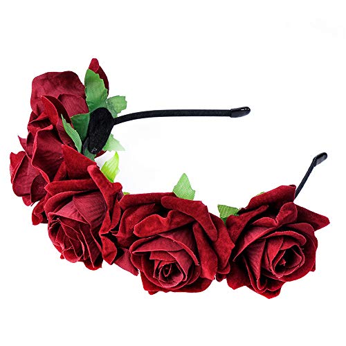 Rose Headband Flower Wreath Crown Hair Bands Big Floral Garland Christmas Hair Hoop Women Girl Hairband Party Decoration Headdress Cosplay Costume Headwear Handmade Headpiece Hair Accessories Burgundy - Thumbnail 7