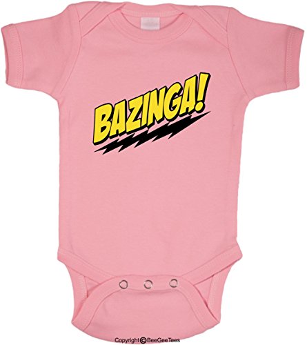 Bazinga Funny Romper Onesie Soft Baby Bodysuit Big Bang Theory by BeeGeeTees (12 Months, Pink)