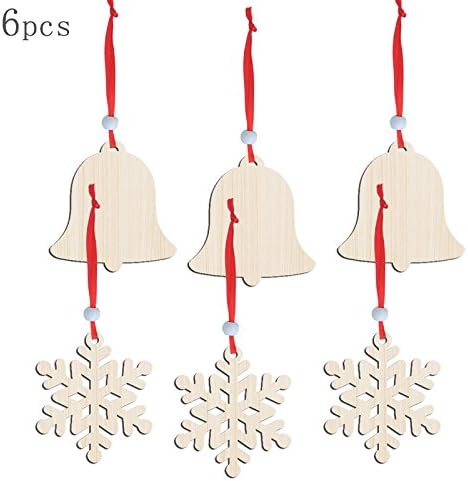 HUAL Unfinished Round Wood Christmas Ornaments Hanging Kid DIY Crafts (Bells,Snowflakes)