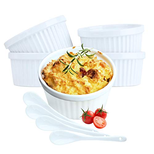 Souffle Dish Ramekins for Baking - 12 Ounce (Set of 4, White with 4 Extra Spoons) 12 Oz