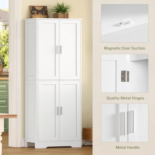 TEENFON 67" Storage Cabinet, Kitchen Pantry Cabinet with 4 Doors and 2 Adjustable Shelves, Tall Bathroom Cabinets, Cupboard, for Dining Room,White